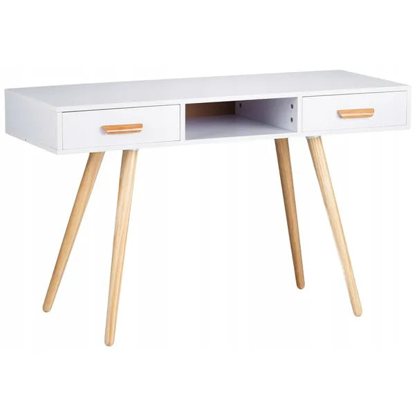 Modern fehér sminkasztal/íróasztal 120×45×75 cm, fenyőfa lábakkal, 2 fiókkal