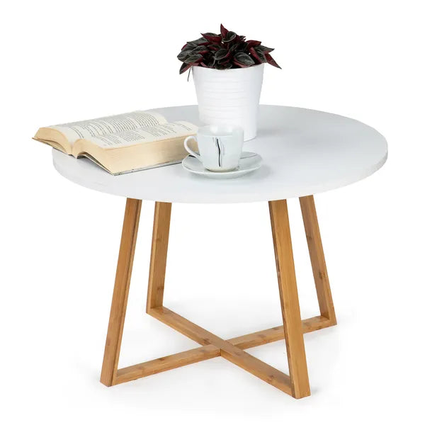Skandináv dohányzóasztal, 60 cm, fehér MDF lap, bambusz lábak