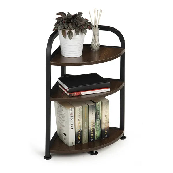 Loft sarokpolc porszórt fém vázzal, 3 sötétbarna fa polc, 32×62 cm