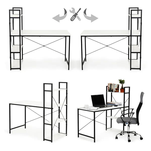 Loft íróasztal 120×64 cm, fehér MDF lap, 4 polcos fém könyvespolc