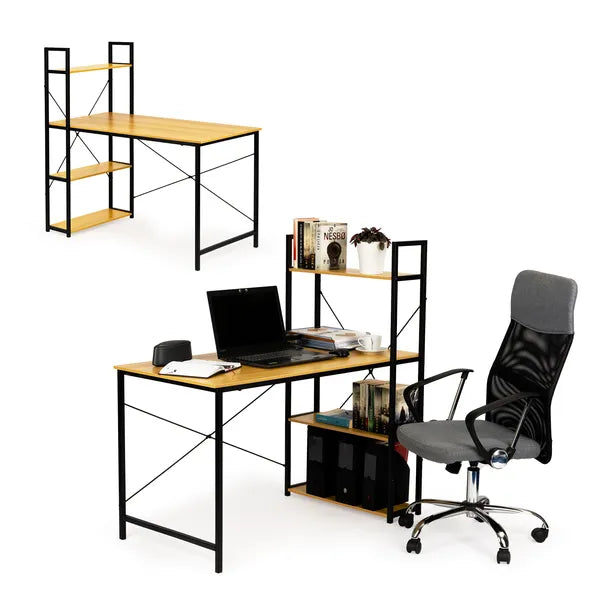 Loft stílusú fa-fém számítógép asztal, 120x64 cm, 4 polcos állvánnyal