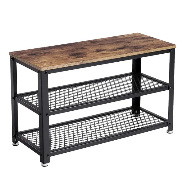 Loft cipősszekrény ülőkével, 2 polc, fém-fa, 73×30×45 cm, rusztikus barna