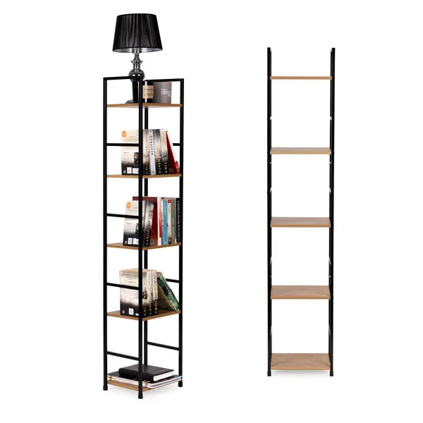 Loft stílusú 5 polcos fa-MDF könyvespolc fém vázzal, 144,5 cm