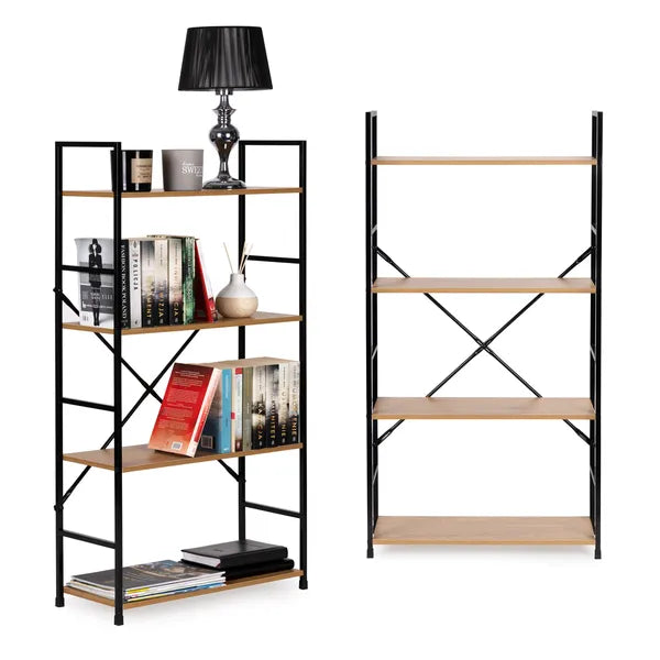 Loft stílusú, 4 szintes, széles MDF/fém könyvespolc, 113 cm