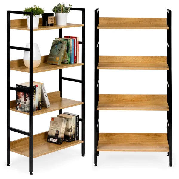 Loft stílusú 4 polcos fa–fém könyvespolc, 60x28x125 cm, állítható lábakkal