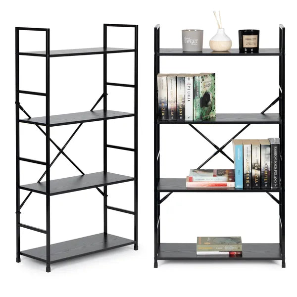 Loft stílusú 4 polcos könyvespolc, MDF/fém, 113 cm, fekete