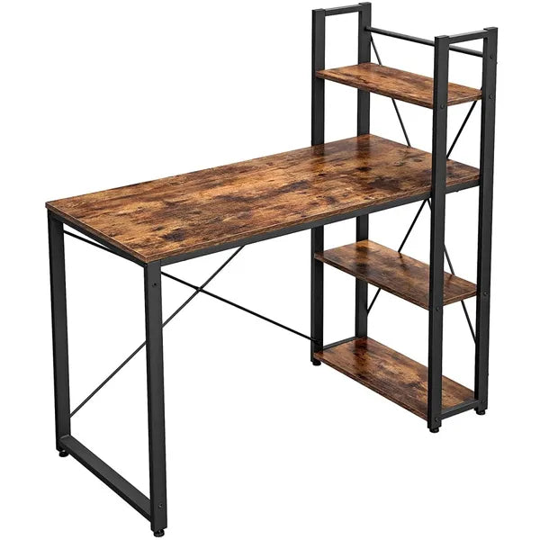 Íróasztal loft stílusban, 120×60 cm, 4 polccal, barna/fekete fémvázzal