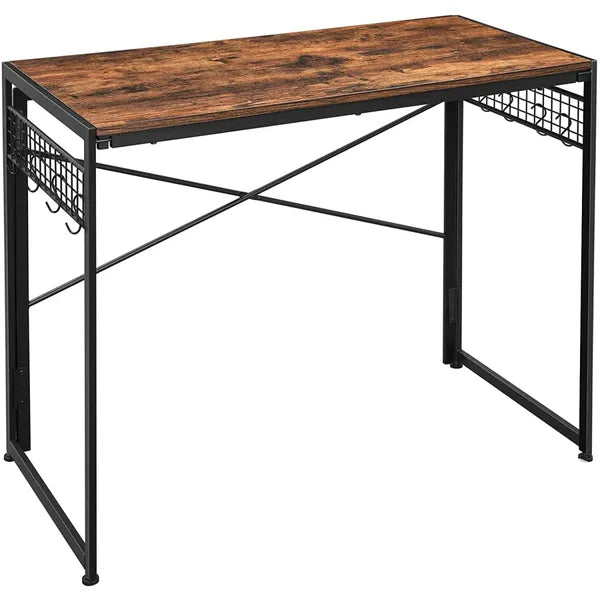 Rusztikus barna-fekete számítógép asztal 100×50×76 cm, fém vázzal, kampókkal