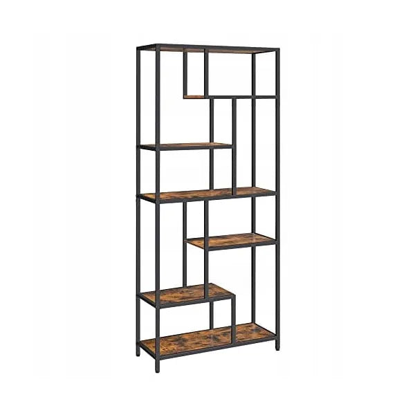 Loft stílusú, rusztikus barna-fekete könyvespolc 6 polccal, 80×30×180 cm