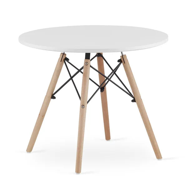 Skandináv kerek dohányzóasztal, matt fehér 60 cm MDF lap, bükk láb