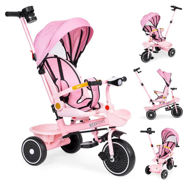 Ecotoys 2in1 tricikli babakocsi, forgatható ülés, rózsaszín