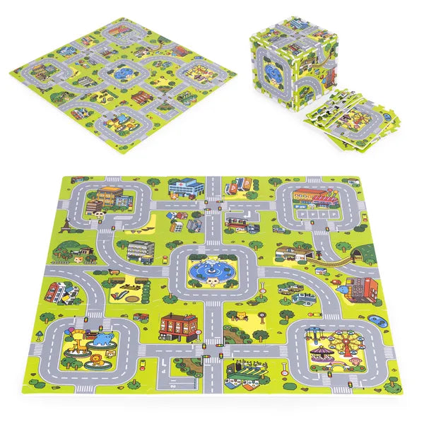 EVA habszivacs puzzle játszószőnyeg, város minta, 90,5×90,5 cm, 21 rész
