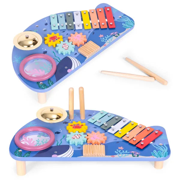 ECOTOYS fa bálna hangszerasztal xilofon, dob, cintányér, csörgő 18 hó+
