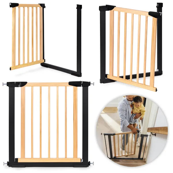 Gyerek- és kisállatbiztonsági rács lépcsőre/ajtóba 74-80 cm fém-fa, fúrásmentes