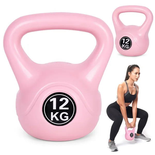 12 kg rózsaszín műanyag burkolatú kettlebell ergonomikus fogantyúval