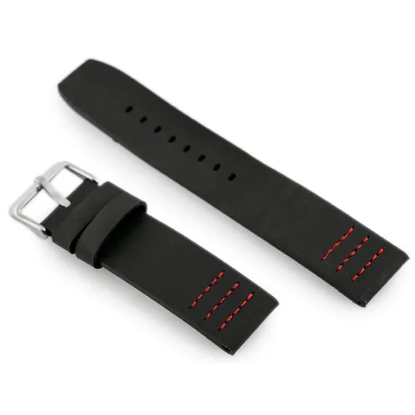 Fekete-piros természetes bőrszíj órákhoz, 24 mm szélesség, ezüst csat