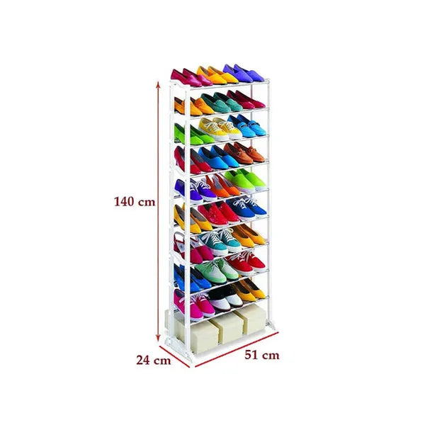 Fém cipőtartó állvány, 10 polcos, 30 párhoz, fehér/króm, 52×25×140 cm