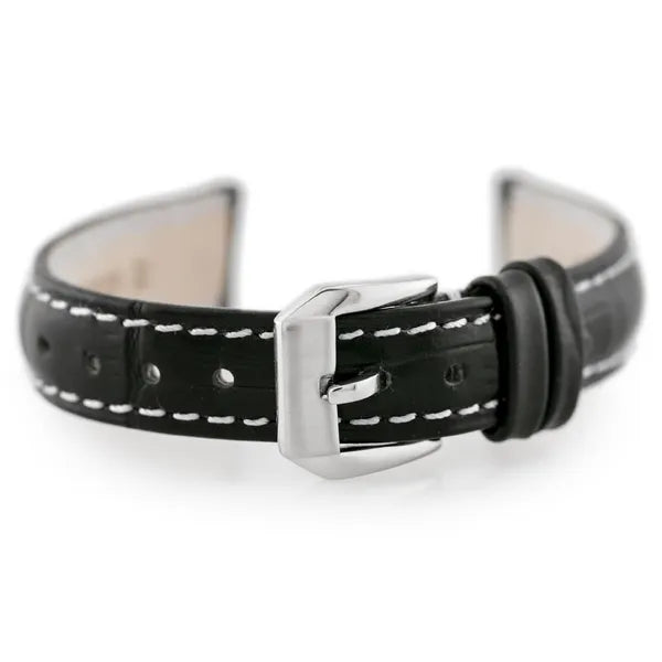 14 mm fekete bőr óraszíj fehér varrással, ezüst csattal