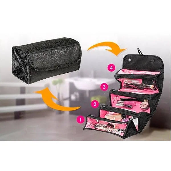 Fekete Roll n Go utazó kozmetikai táska 4 cipzáras rekesszel 50×24,5 cm