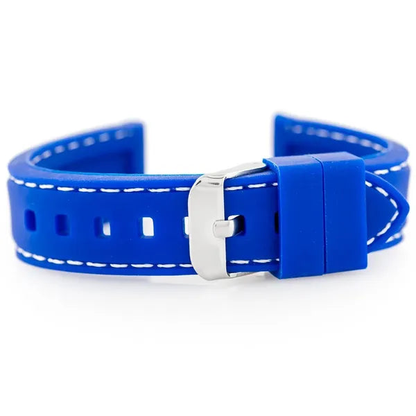 Kék gumióraszíj fehér varrással, 18 mm, ezüst csattal