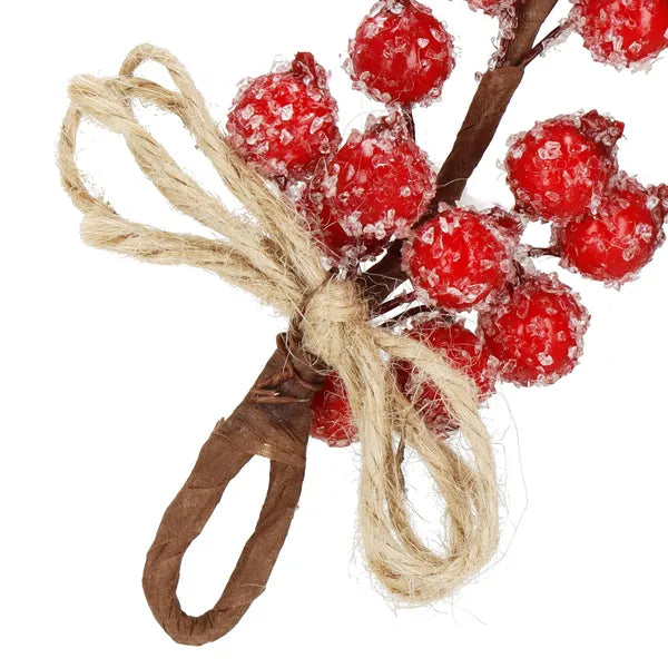 Karácsonyi dekoratív ág, vörös berkenye bogyókkal, juta zsinórral, 15 cm