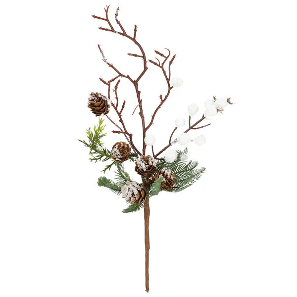 Karácsonyi díszág bogyókkal és tobozokkal, barna-zöld-fehér, 30 cm