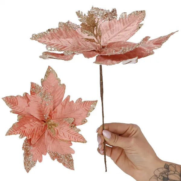 Rózsaszín–arany, csillámos mikulásvirág dekoráció, 29 cm