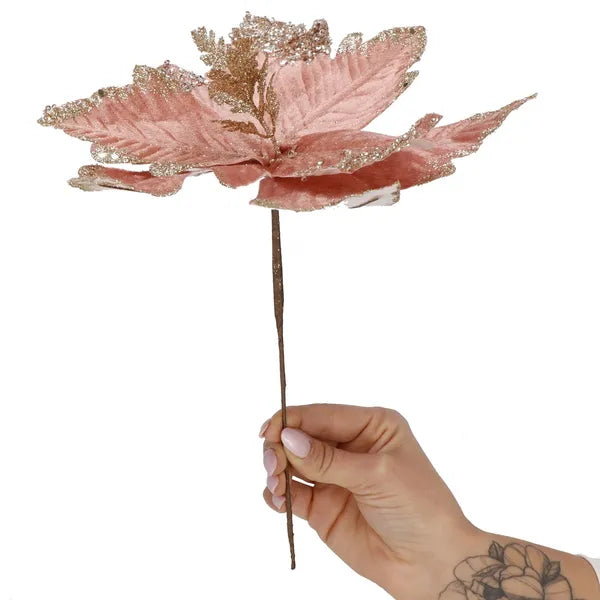 Rózsaszín–arany, csillámos mikulásvirág dekoráció, 29 cm