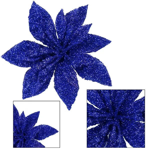 Karácsonyi műanyag poinsettia virág dísz, 15 cm, lila, csillámos