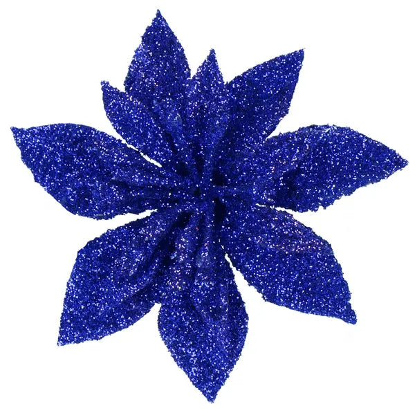 Karácsonyi műanyag poinsettia virág dísz, 15 cm, lila, csillámos