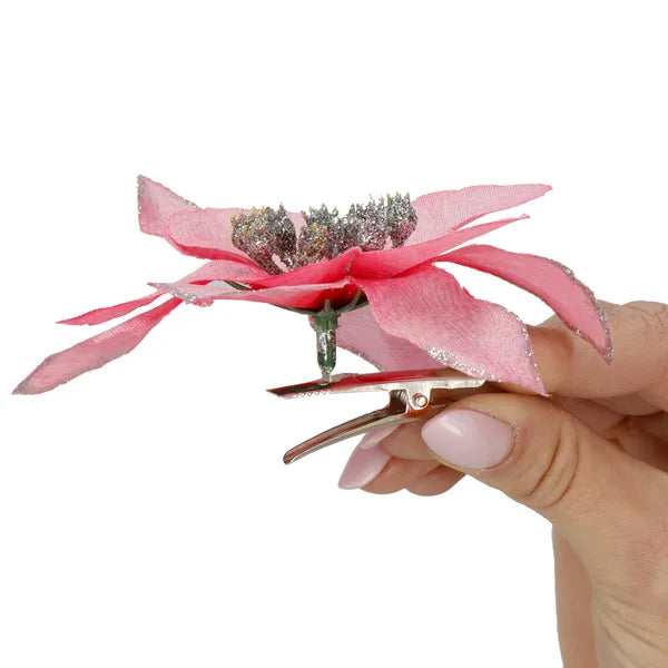 Mű magnóliavirág csipesszel, 15 cm, rózsaszín-ezüst csillám, 1 db