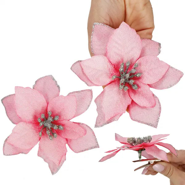 Mű magnóliavirág csipesszel, 15 cm, rózsaszín-ezüst csillám, 1 db