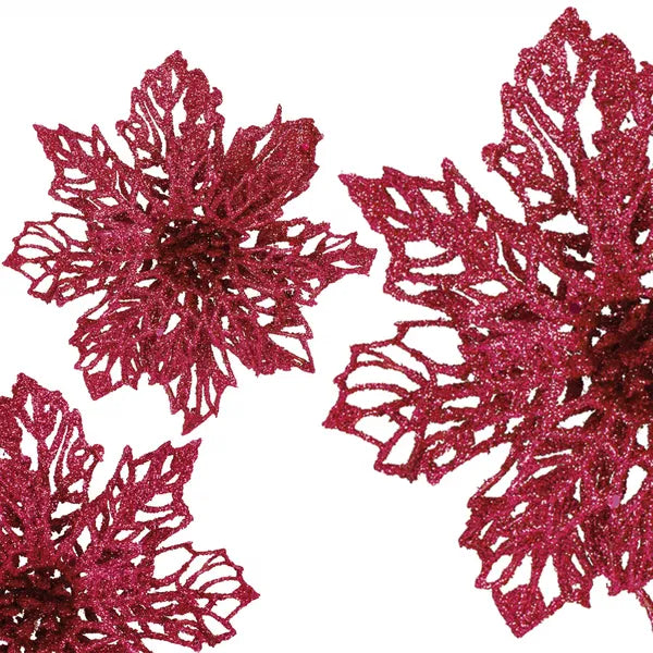 Karácsonyi mű mikulásvirág dísz, rózsaszín csillámos, 13,5 cm