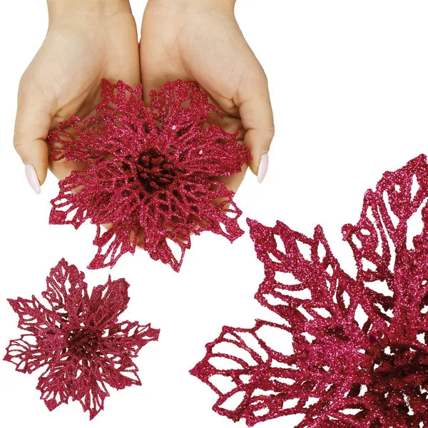 Karácsonyi mű mikulásvirág dísz, rózsaszín csillámos, 13,5 cm