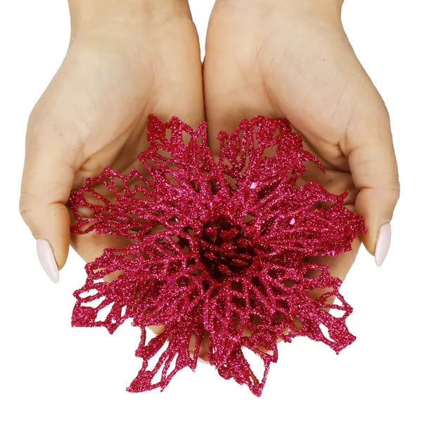 Karácsonyi mű mikulásvirág dísz, rózsaszín csillámos, 13,5 cm