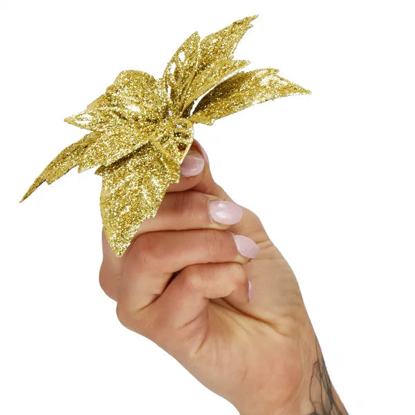 Arany csillámos karácsonyi virág dísz, műanyag, 13 cm