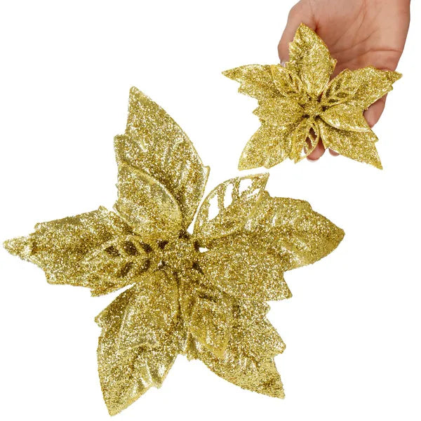 Arany csillámos karácsonyi virág dísz, műanyag, 13 cm
