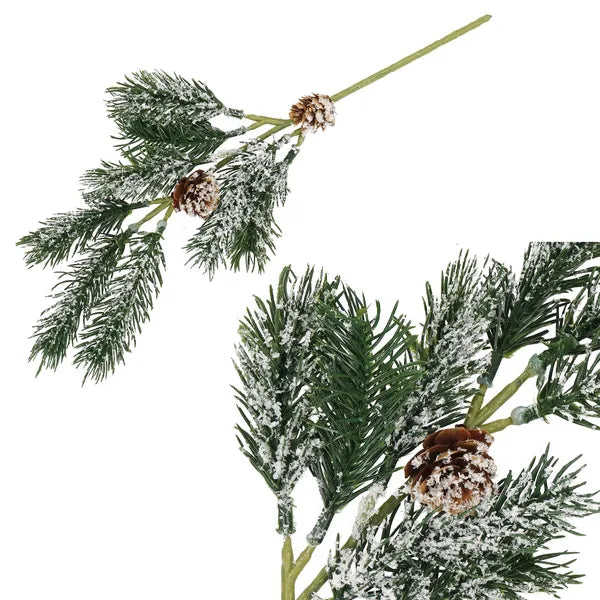 Karácsonyi díszítő ág tobozzal és műhóval, 34 cm, barna-zöld