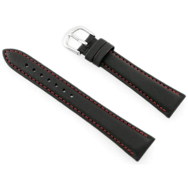 Bisset BS-158 valódi bőr óraszíj, 18 mm, fekete/piros varrás, ezüst csat