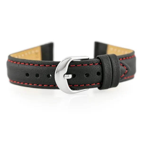 Bisset BS-158 valódi bőr óraszíj, 18 mm, fekete/piros varrás, ezüst csat