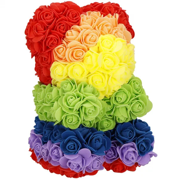Szivárványos habrózsa maci, 25 cm, díszdobozzal – PE rózsákból