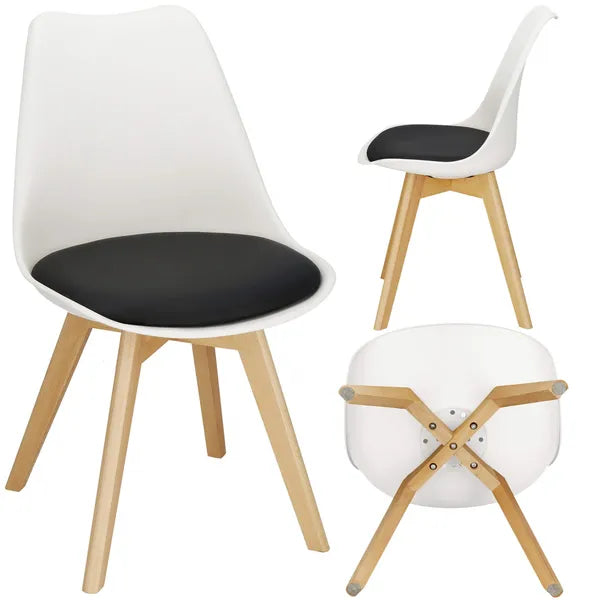 Modern design étkezőszék, PP ülőfelület fa lábakkal, eco-bőr párna, 125 kg