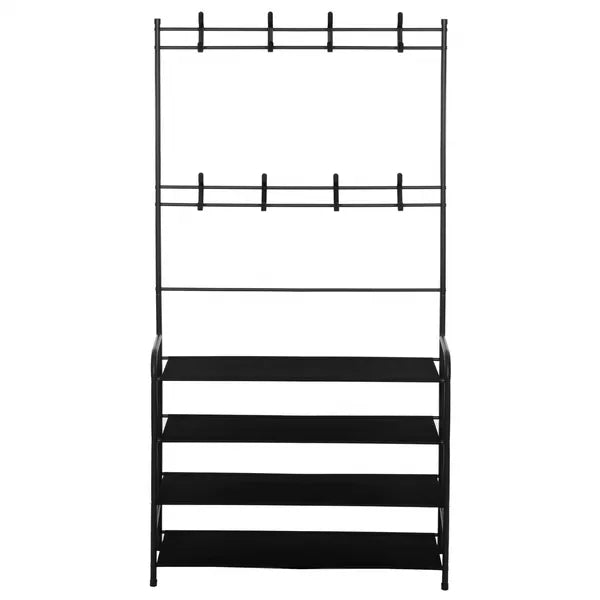 Fekete fém ruhafogas 4 cipőtartó polccal, 8 akasztóval, 150 cm