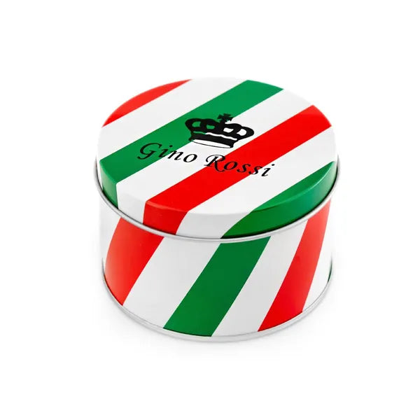 G. Rossi fém óradoboz díszdoboz, 9×6 cm, olasz trikolór, zöld