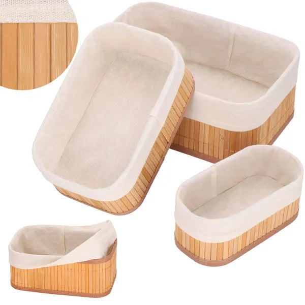 Bambusz tárolókosár készlet 3 db, ecru bélés, max 30,5×20,5×11 cm