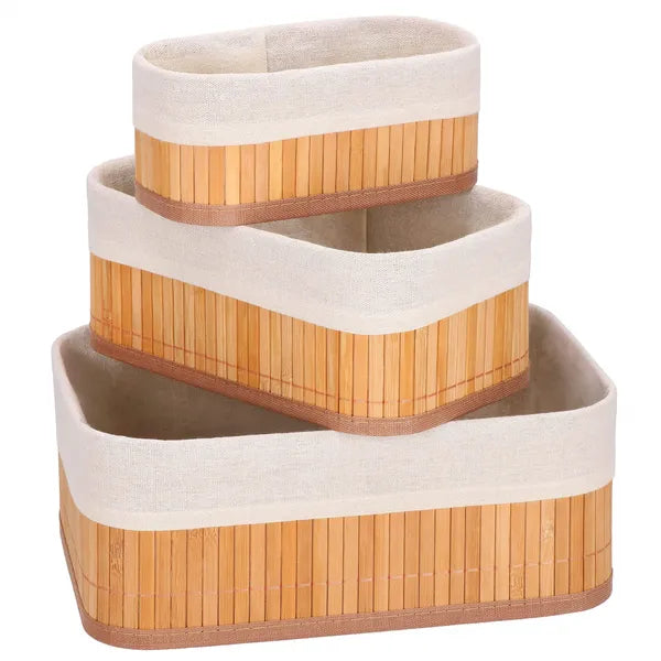 Bambusz tárolókosár készlet 3 db, ecru bélés, max 30,5×20,5×11 cm