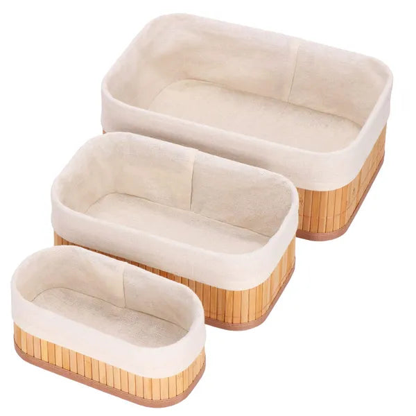 Bambusz tárolókosár készlet 3 db, ecru bélés, max 30,5×20,5×11 cm
