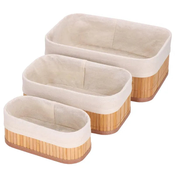 Bambusz tárolókosár készlet 3 db, ecru bélés, max 30,5×20,5×11 cm