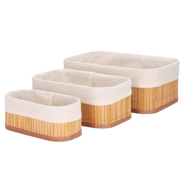 Bambusz tárolókosár készlet 3 db, ecru bélés, max 30,5×20,5×11 cm
