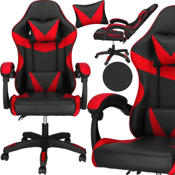 Fekete-piros ergonomikus irodai forgószék fejtámla- és derékpárnával, 120 kg